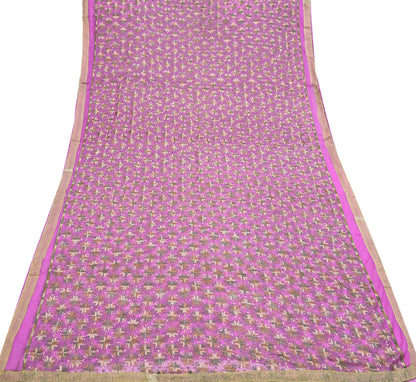 Indian Vintage Pink Sarees Chiffon Embroidered Bagh Phulkari Sari Craft Fabric 5Yard Dress Making Sewing Quilting Crafting Upcycle