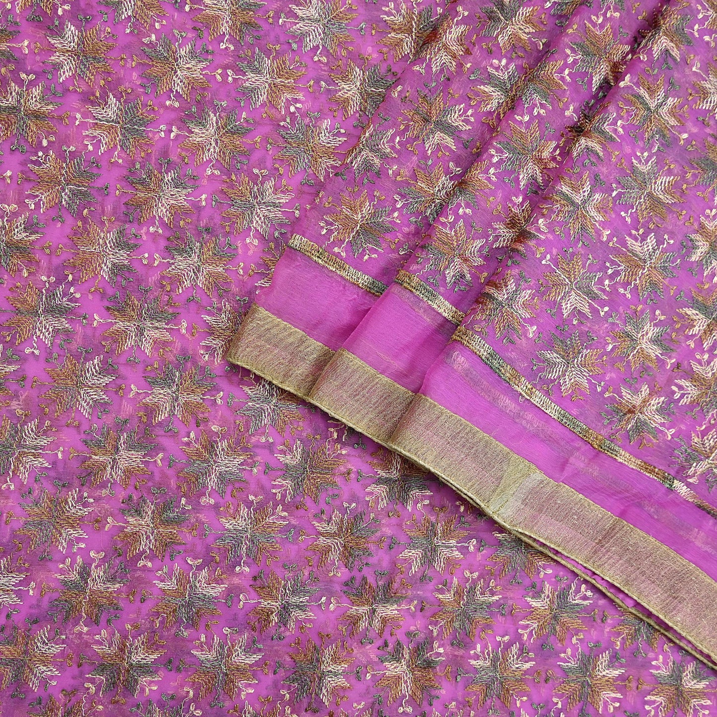 Indian Vintage Pink Sarees Chiffon Embroidered Bagh Phulkari Sari Craft Fabric 5Yard Dress Making Sewing Quilting Crafting Upcycle