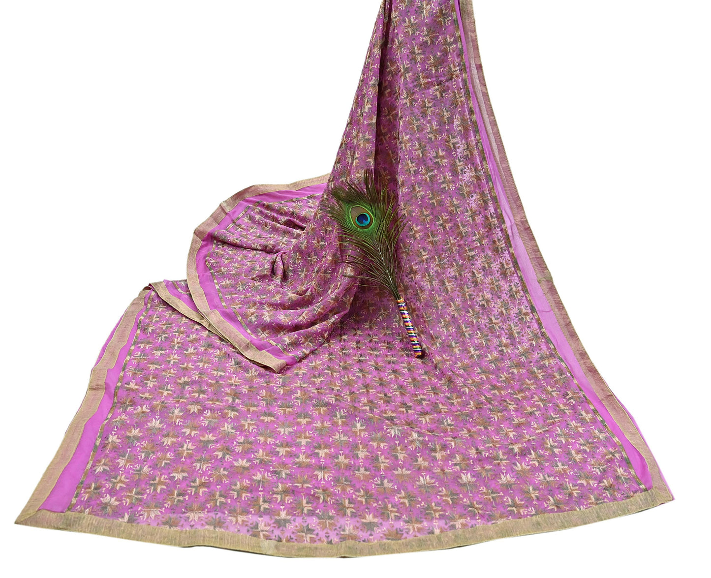 Indian Vintage Pink Sarees Chiffon Embroidered Bagh Phulkari Sari Craft Fabric 5Yard Dress Making Sewing Quilting Crafting Upcycle