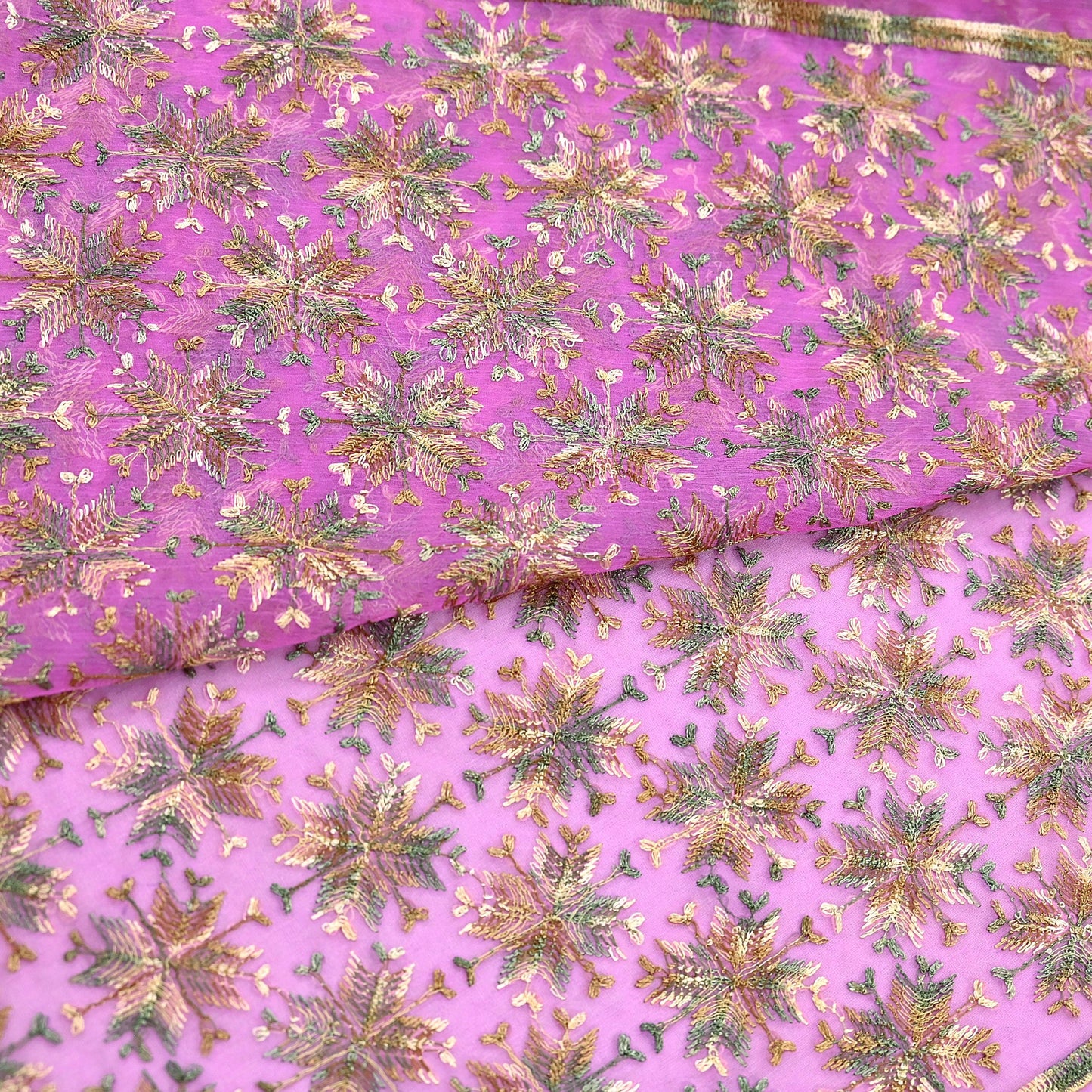 Indian Vintage Pink Sarees Chiffon Embroidered Bagh Phulkari Sari Craft Fabric 5Yard Dress Making Sewing Quilting Crafting Upcycle