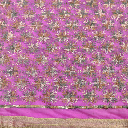 Indian Vintage Pink Sarees Chiffon Embroidered Bagh Phulkari Sari Craft Fabric 5Yard Dress Making Sewing Quilting Crafting Upcycle