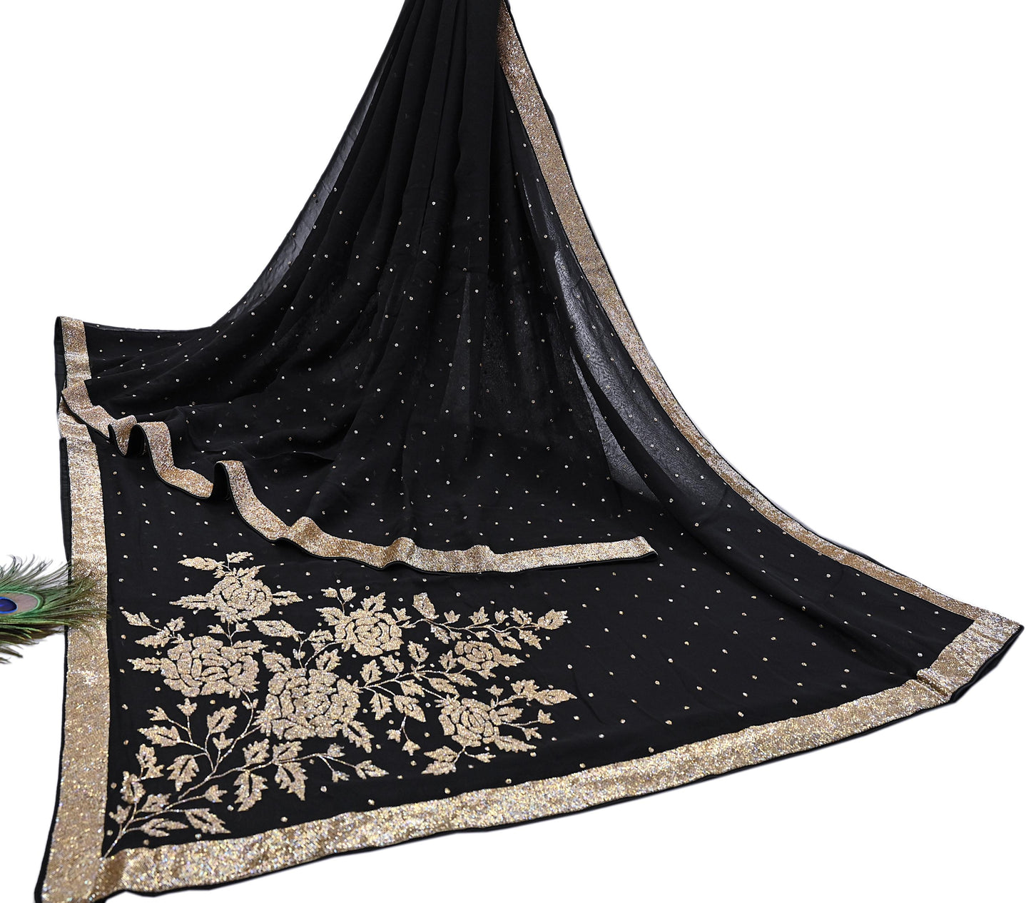 Rare Vintage Black Blend Georgette Saree Hand Embroidered Fabric 5.5 Yard Sari Bollywood Party Wear Ethnic Designer Saree