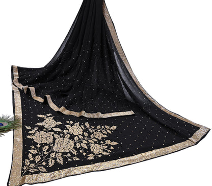 Rare Vintage Black Blend Georgette Saree Hand Embroidered Fabric 5.5 Yard Sari Bollywood Party Wear Ethnic Designer Saree