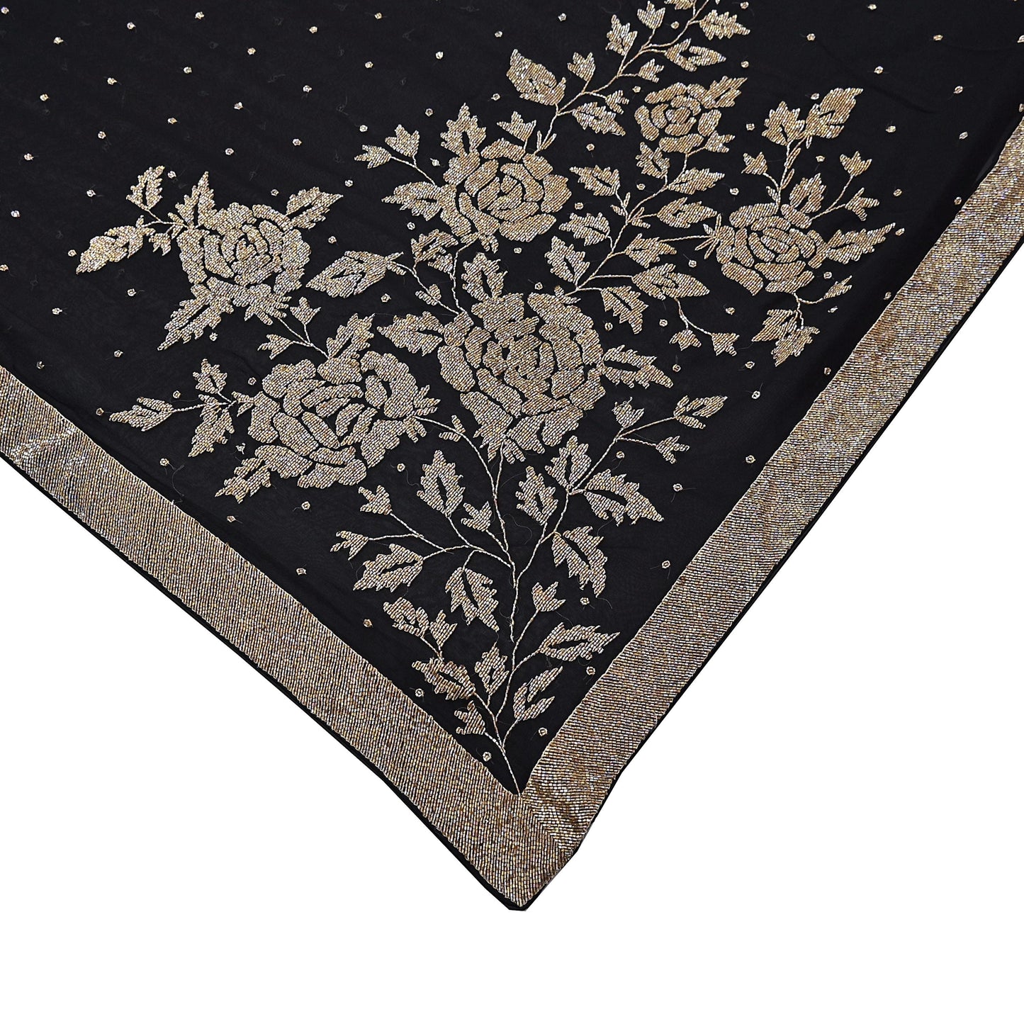 Rare Vintage Black Blend Georgette Saree Hand Embroidered Fabric 5.5 Yard Sari Bollywood Party Wear Ethnic Designer Saree