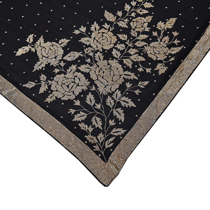Rare Vintage Black Blend Georgette Saree Hand Embroidered Fabric 5.5 Yard Sari Bollywood Party Wear Ethnic Designer Saree