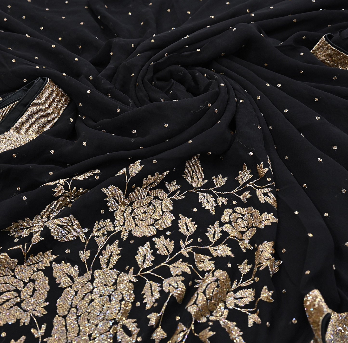 Rare Vintage Black Blend Georgette Saree Hand Embroidered Fabric 5.5 Yard Sari Bollywood Party Wear Ethnic Designer Saree