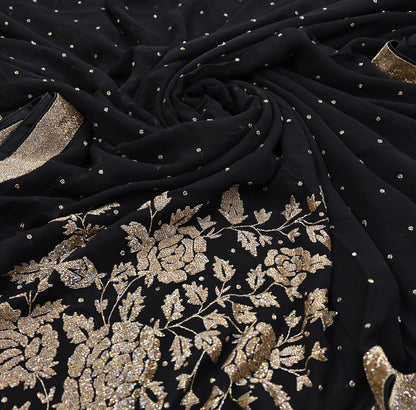 Rare Vintage Black Blend Georgette Saree Hand Embroidered Fabric 5.5 Yard Sari Bollywood Party Wear Ethnic Designer Saree