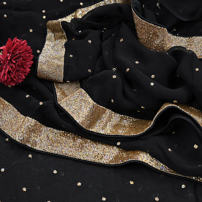 Rare Vintage Black Blend Georgette Saree Hand Embroidered Fabric 5.5 Yard Sari Bollywood Party Wear Ethnic Designer Saree