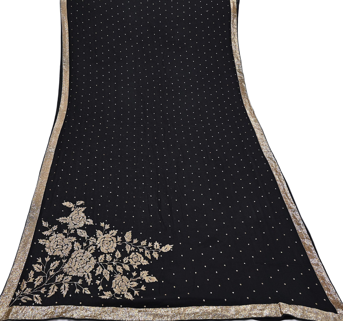Rare Vintage Black Blend Georgette Saree Hand Embroidered Fabric 5.5 Yard Sari Bollywood Party Wear Ethnic Designer Saree