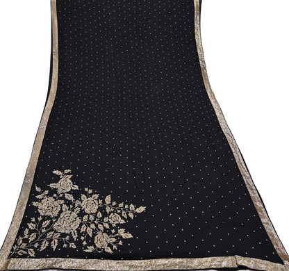 Rare Vintage Black Blend Georgette Saree Hand Embroidered Fabric 5.5 Yard Sari Bollywood Party Wear Ethnic Designer Saree