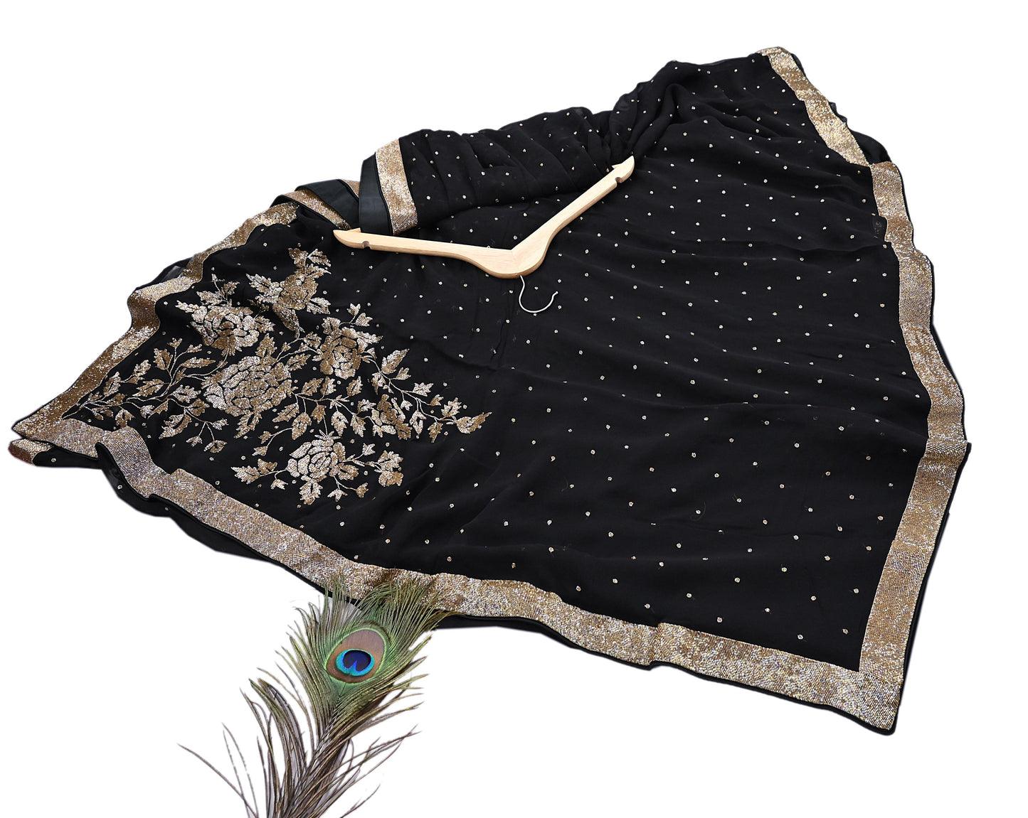Rare Vintage Black Blend Georgette Saree Hand Embroidered Fabric 5.5 Yard Sari Bollywood Party Wear Ethnic Designer Saree