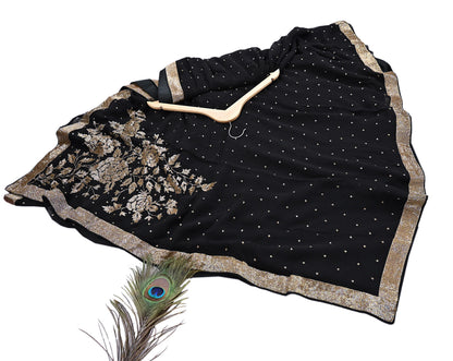 Rare Vintage Black Blend Georgette Saree Hand Embroidered Fabric 5.5 Yard Sari Bollywood Party Wear Ethnic Designer Saree