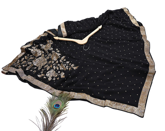 Rare Vintage Black Blend Georgette Saree Hand Embroidered Fabric 5.5 Yard Sari Bollywood Party Wear Ethnic Designer Saree