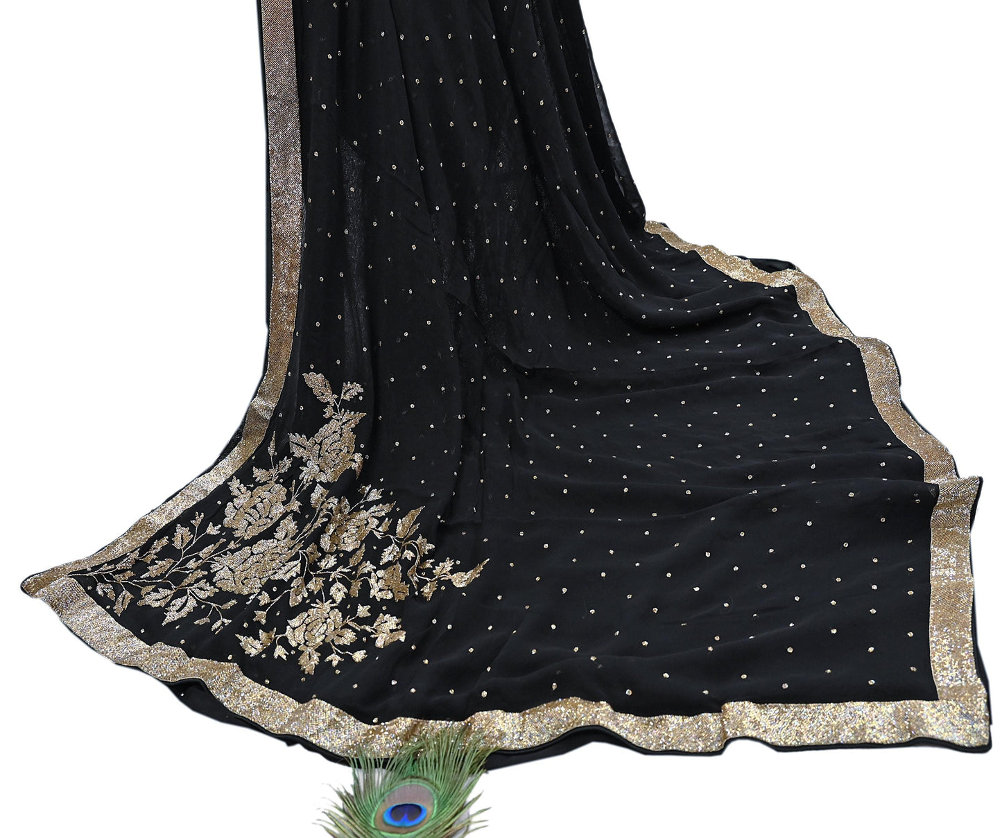 Rare Vintage Black Blend Georgette Saree Hand Embroidered Fabric 5.5 Yard Sari Bollywood Party Wear Ethnic Designer Saree