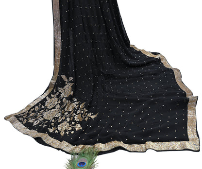 Rare Vintage Black Blend Georgette Saree Hand Embroidered Fabric 5.5 Yard Sari Bollywood Party Wear Ethnic Designer Saree
