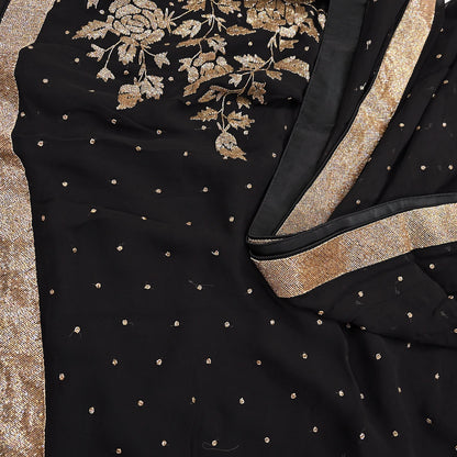 Rare Vintage Black Blend Georgette Saree Hand Embroidered Fabric 5.5 Yard Sari Bollywood Party Wear Ethnic Designer Saree
