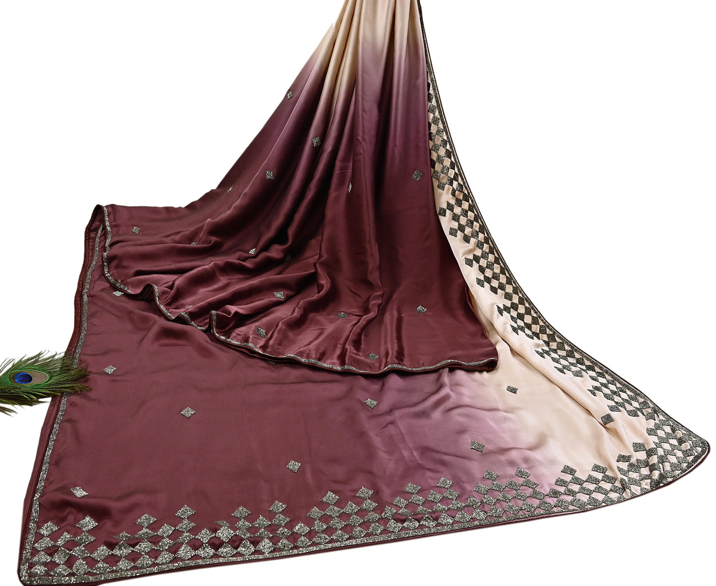 Rare Vintage Peach & maroon Pure Satin Silk Saree Hand Embroidered Fabric 5 Yards Sari Bollywood Party Wear Ethnic Saree