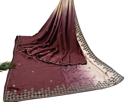 Rare Vintage Peach & maroon Pure Satin Silk Saree Hand Embroidered Fabric 5 Yards Sari Bollywood Party Wear Ethnic Saree
