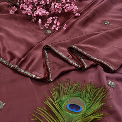 Rare Vintage Peach & maroon Pure Satin Silk Saree Hand Embroidered Fabric 5 Yards Sari Bollywood Party Wear Ethnic Saree