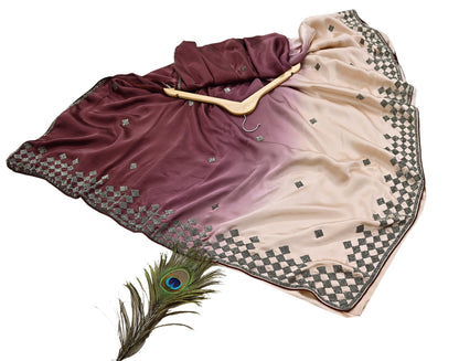 Rare Vintage Peach & maroon Pure Satin Silk Saree Hand Embroidered Fabric 5 Yards Sari Bollywood Party Wear Ethnic Saree