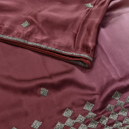 Rare Vintage Peach & maroon Pure Satin Silk Saree Hand Embroidered Fabric 5 Yards Sari Bollywood Party Wear Ethnic Saree