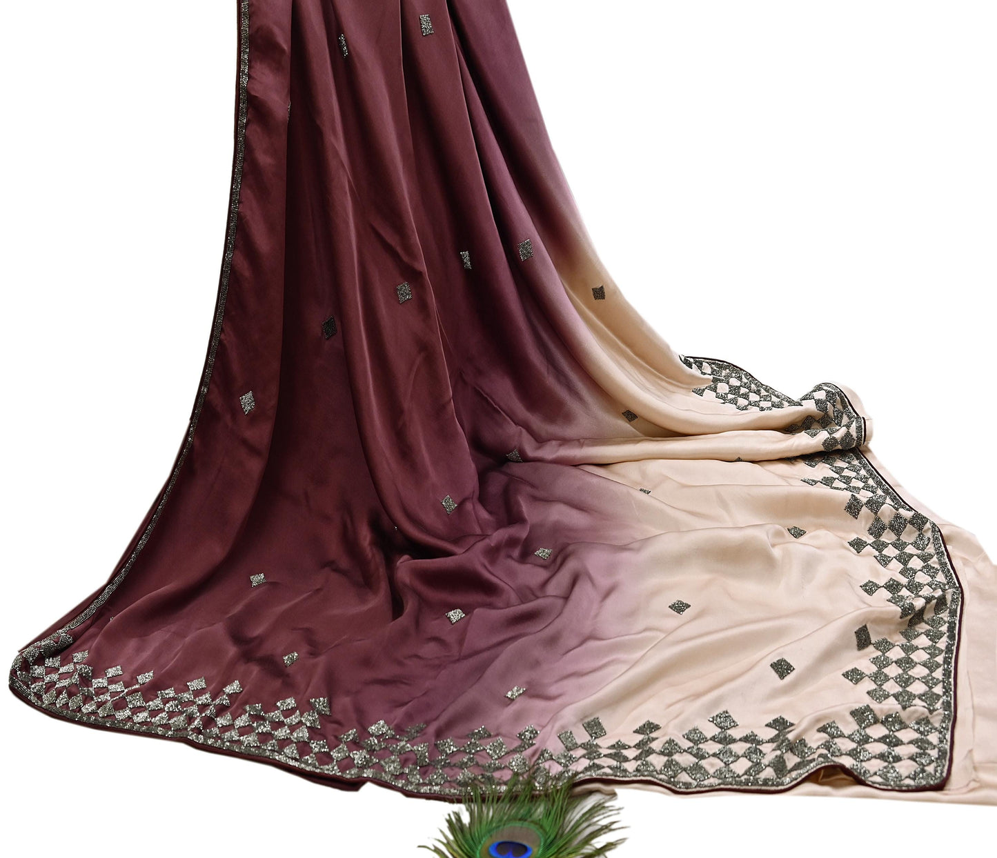 Rare Vintage Peach & maroon Pure Satin Silk Saree Hand Embroidered Fabric 5 Yards Sari Bollywood Party Wear Ethnic Saree