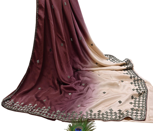 Rare Vintage Peach & maroon Pure Satin Silk Saree Hand Embroidered Fabric 5 Yards Sari Bollywood Party Wear Ethnic Saree