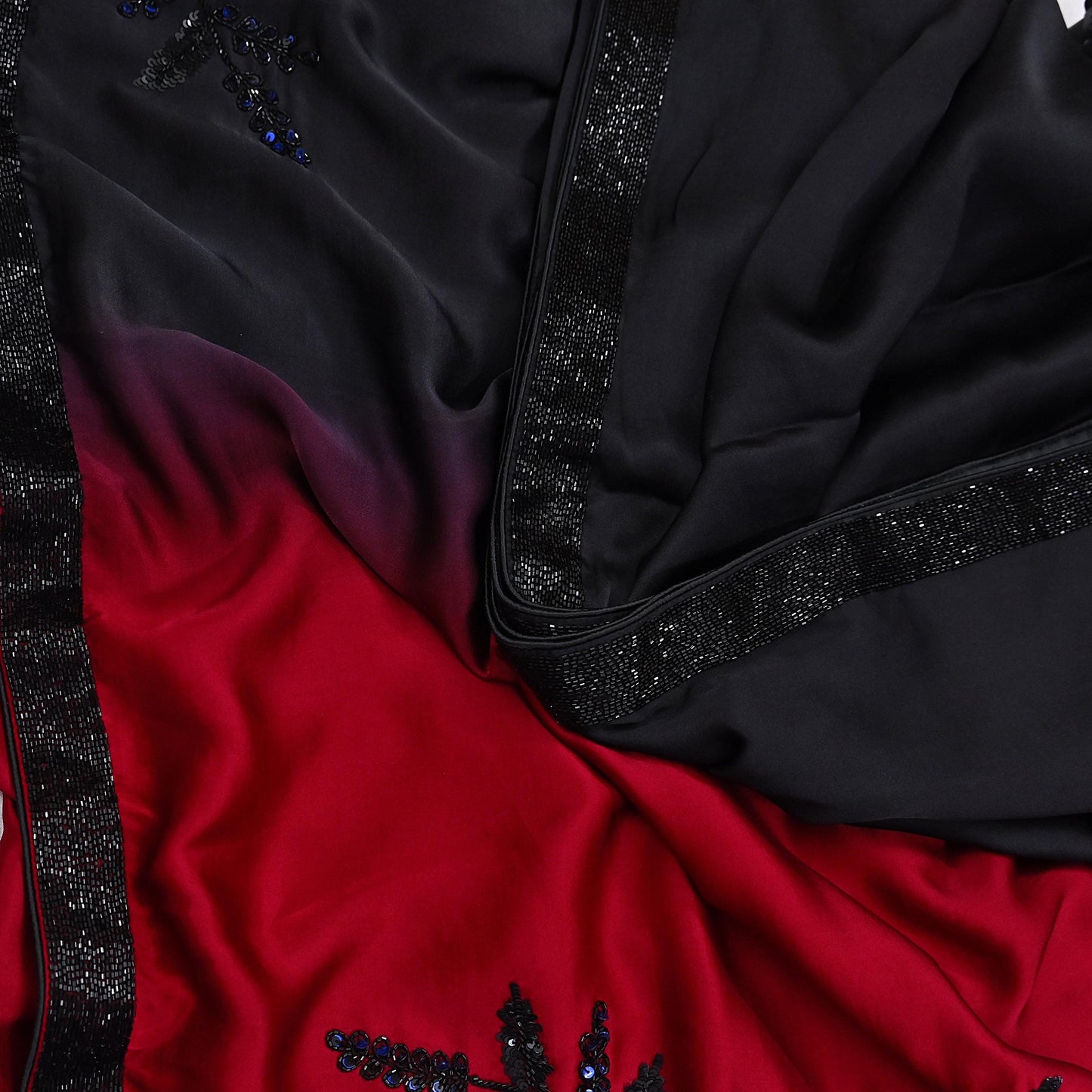Rare Vintage Black & Red Pure Satin Silk Saree Hand Embroidered Designer Abu Jani Sari 6 Yard Bollywood Party Wear with Blouse fabric