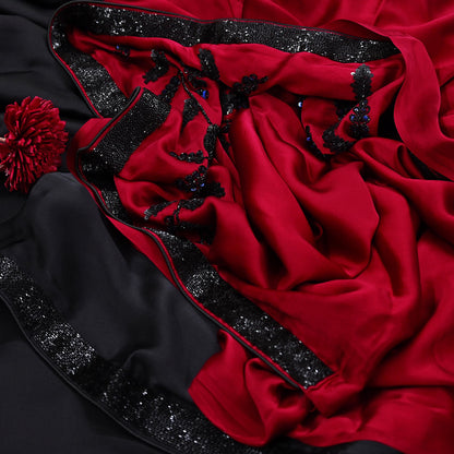 Rare Vintage Black & Red Pure Satin Silk Saree Hand Embroidered Designer Abu Jani Sari 6 Yard Bollywood Party Wear with Blouse fabric