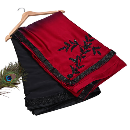 Rare Vintage Black & Red Pure Satin Silk Saree Hand Embroidered Designer Abu Jani Sari 6 Yard Bollywood Party Wear with Blouse fabric