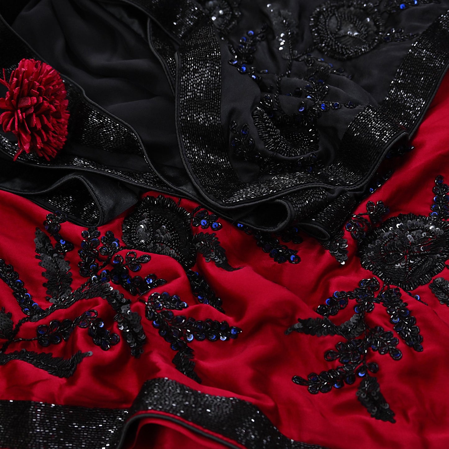 Rare Vintage Black & Red Pure Satin Silk Saree Hand Embroidered Designer Abu Jani Sari 6 Yard Bollywood Party Wear with Blouse fabric