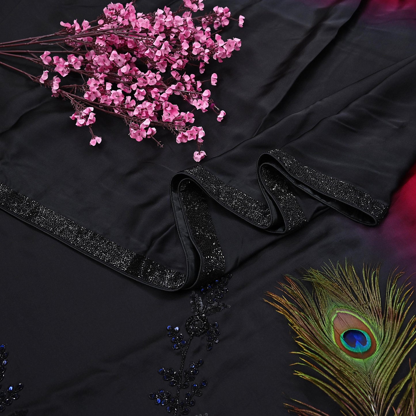 Rare Vintage Black & Red Pure Satin Silk Saree Hand Embroidered Designer Abu Jani Sari 6 Yard Bollywood Party Wear with Blouse fabric