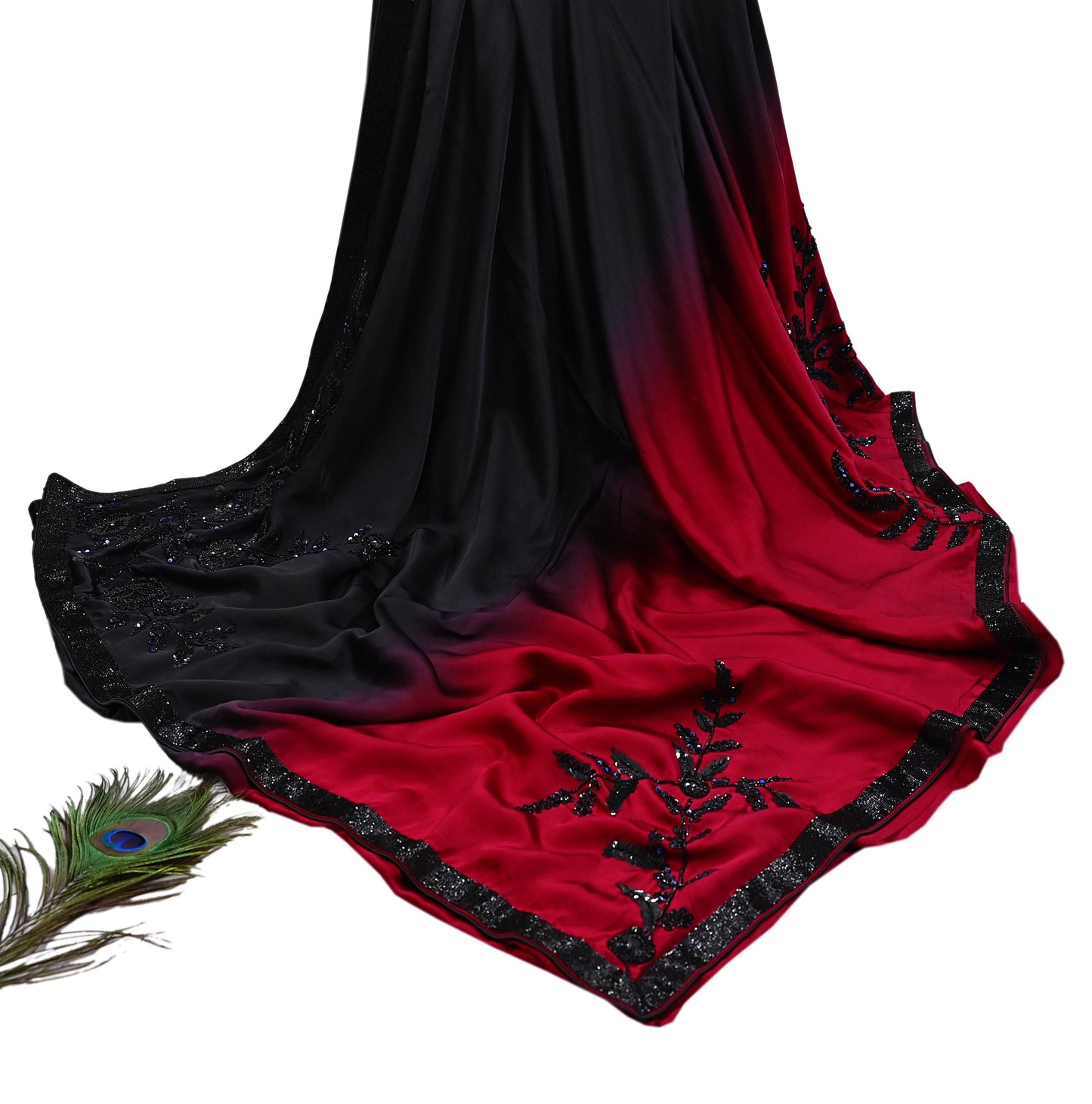 Rare Vintage Black & Red Pure Satin Silk Saree Hand Embroidered Designer Abu Jani Sari 6 Yard Bollywood Party Wear with Blouse fabric