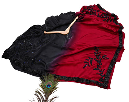 Rare Vintage Black & Red Pure Satin Silk Saree Hand Embroidered Designer Abu Jani Sari 6 Yard Bollywood Party Wear with Blouse fabric