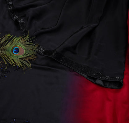 Rare Vintage Black & Red Pure Satin Silk Saree Hand Embroidered Designer Abu Jani Sari 6 Yard Bollywood Party Wear with Blouse fabric