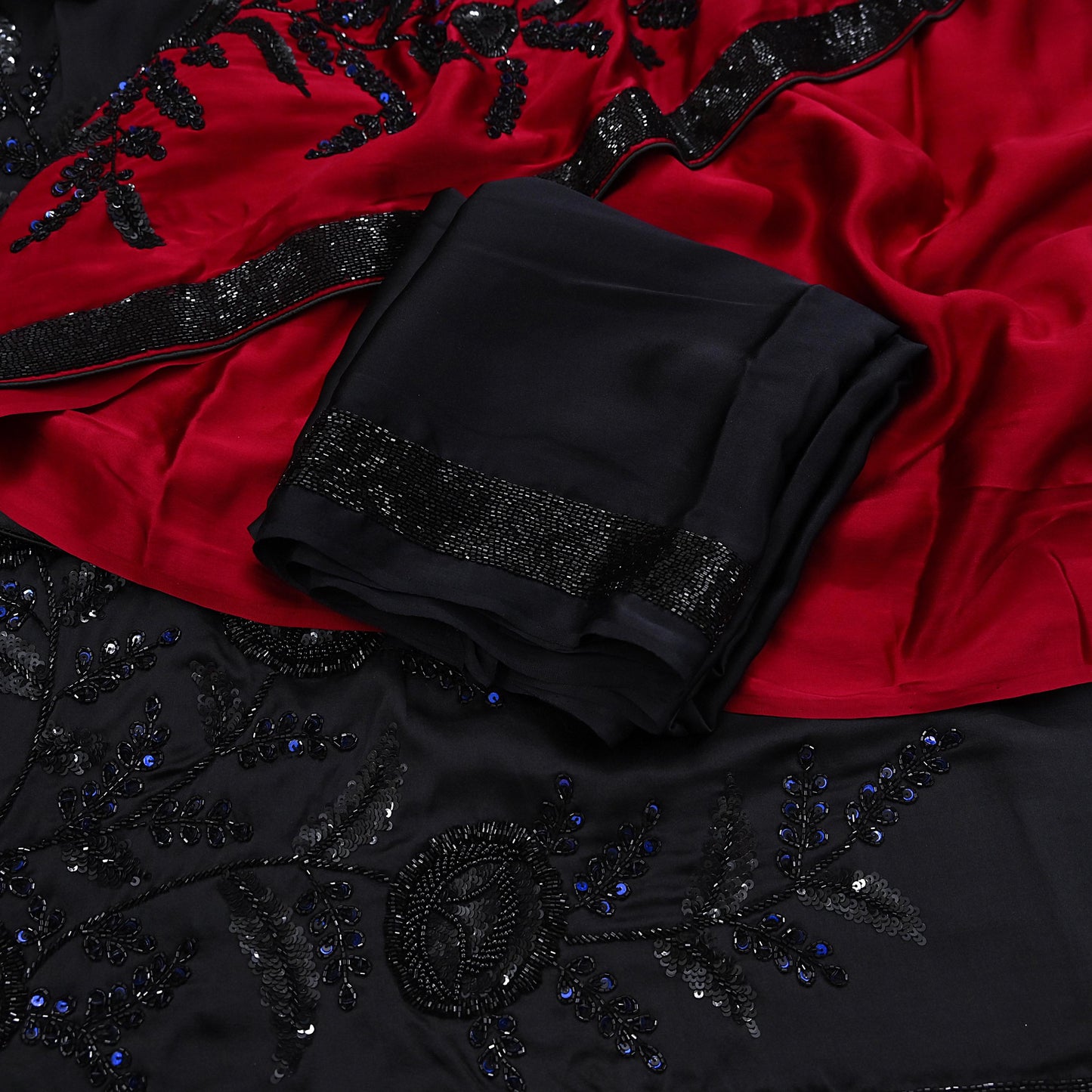 Rare Vintage Black & Red Pure Satin Silk Saree Hand Embroidered Designer Abu Jani Sari 6 Yard Bollywood Party Wear with Blouse fabric
