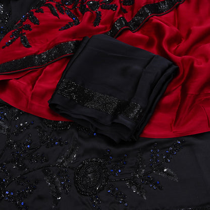 Rare Vintage Black & Red Pure Satin Silk Saree Hand Embroidered Designer Abu Jani Sari 6 Yard Bollywood Party Wear with Blouse fabric