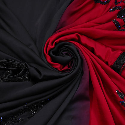 Rare Vintage Black & Red Pure Satin Silk Saree Hand Embroidered Designer Abu Jani Sari 6 Yard Bollywood Party Wear with Blouse fabric