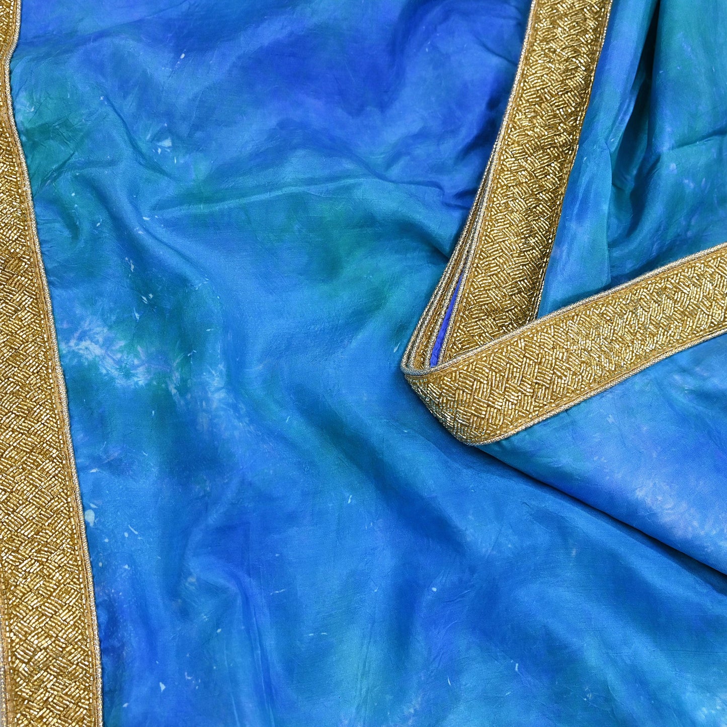 Rare Vintage Green & Blue Pure Silk Saree Hand Embroidered Tie dye Fabric 5.5 Yards Sari Bollywood Party Wear Ethnic Designer Saree
