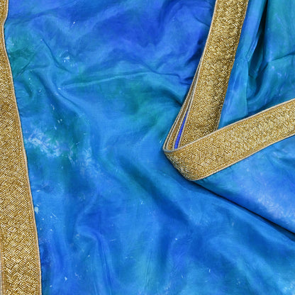 Rare Vintage Green & Blue Pure Silk Saree Hand Embroidered Tie dye Fabric 5.5 Yards Sari Bollywood Party Wear Ethnic Designer Saree
