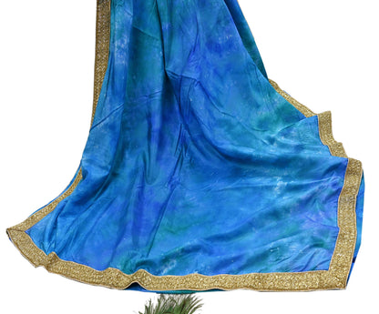 Rare Vintage Green & Blue Pure Silk Saree Hand Embroidered Tie dye Fabric 5.5 Yards Sari Bollywood Party Wear Ethnic Designer Saree