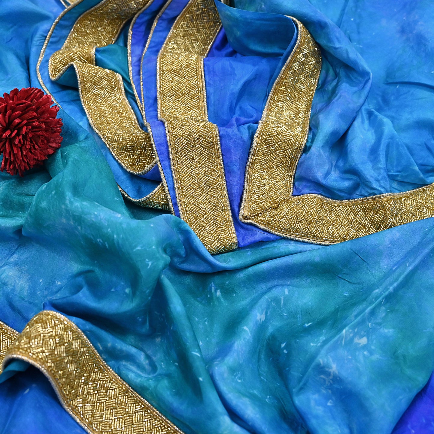 Rare Vintage Green & Blue Pure Silk Saree Hand Embroidered Tie dye Fabric 5.5 Yards Sari Bollywood Party Wear Ethnic Designer Saree