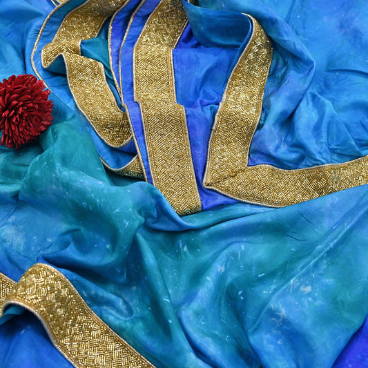 Rare Vintage Green & Blue Pure Silk Saree Hand Embroidered Tie dye Fabric 5.5 Yards Sari Bollywood Party Wear Ethnic Designer Saree