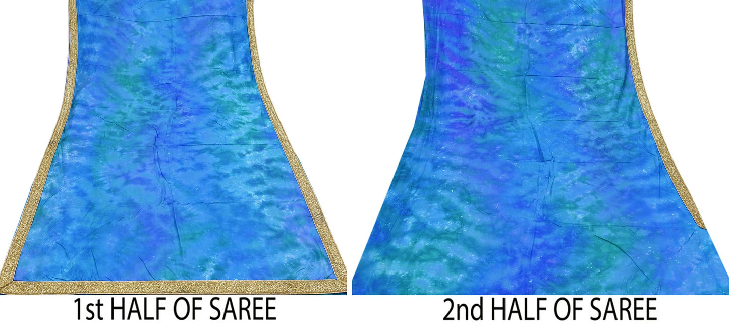 Rare Vintage Green & Blue Pure Silk Saree Hand Embroidered Tie dye Fabric 5.5 Yards Sari Bollywood Party Wear Ethnic Designer Saree