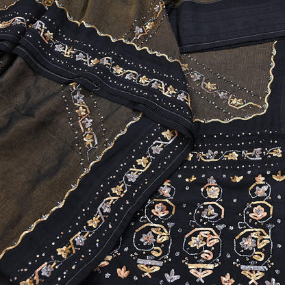 Indian Vintage Heavy Sarees Black Pure Silk Hand Embroidered Sari Fabric 5Yd Sewing Ethnic Sequins, Glass Beaded Wedding sarees