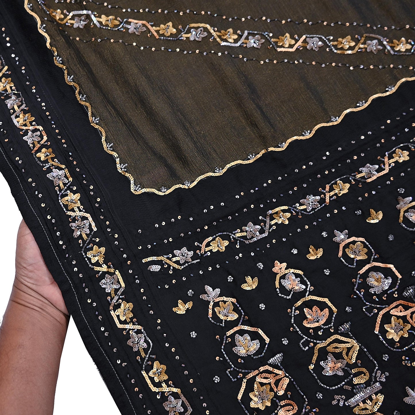 Indian Vintage Heavy Sarees Black Pure Silk Hand Embroidered Sari Fabric 5Yd Sewing Ethnic Sequins, Glass Beaded Wedding sarees