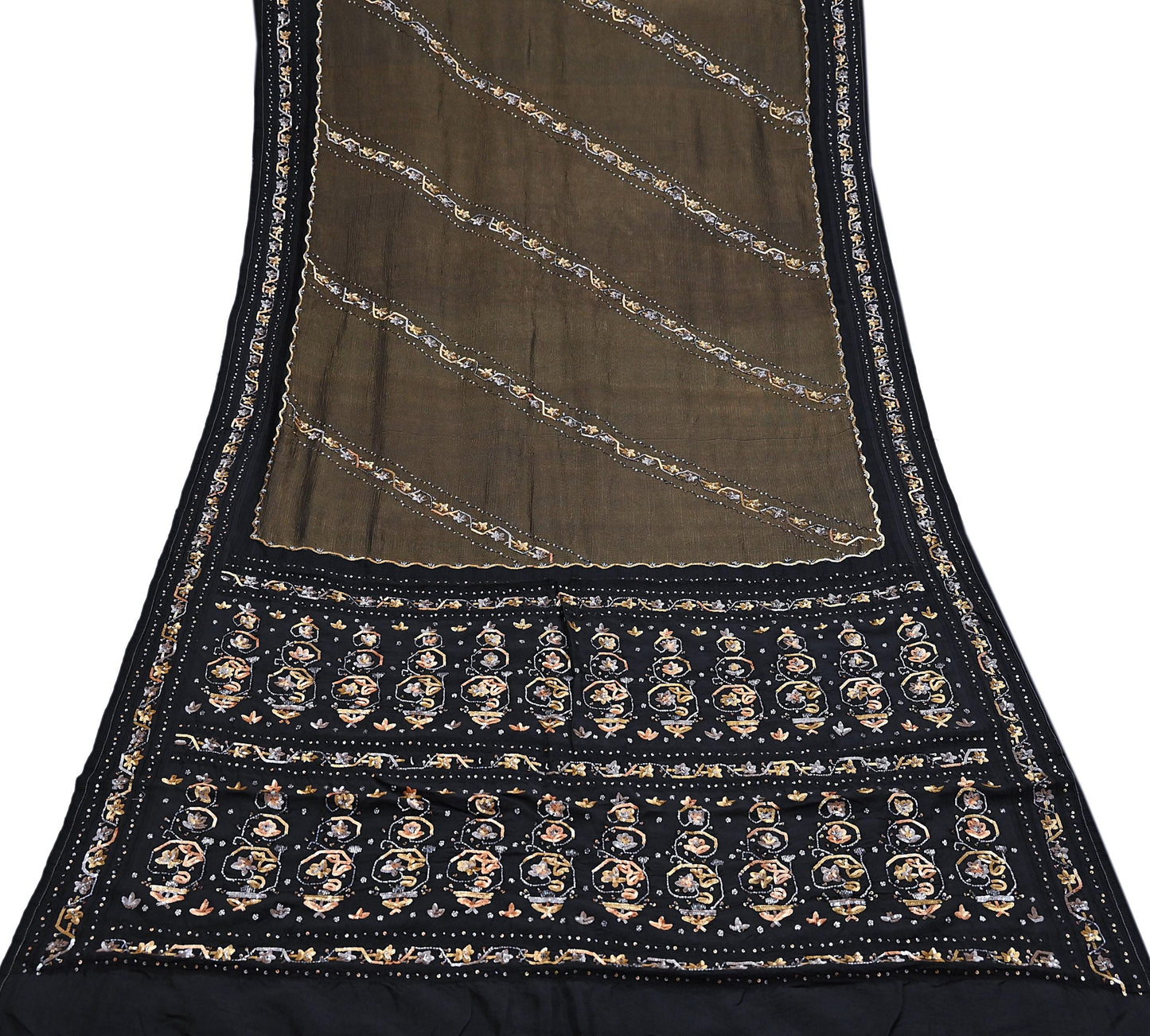 Indian Vintage Heavy Sarees Black Pure Silk Hand Embroidered Sari Fabric 5Yd Sewing Ethnic Sequins, Glass Beaded Wedding sarees