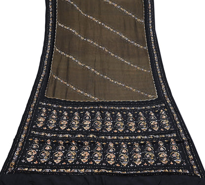 Indian Vintage Heavy Sarees Black Pure Silk Hand Embroidered Sari Fabric 5Yd Sewing Ethnic Sequins, Glass Beaded Wedding sarees