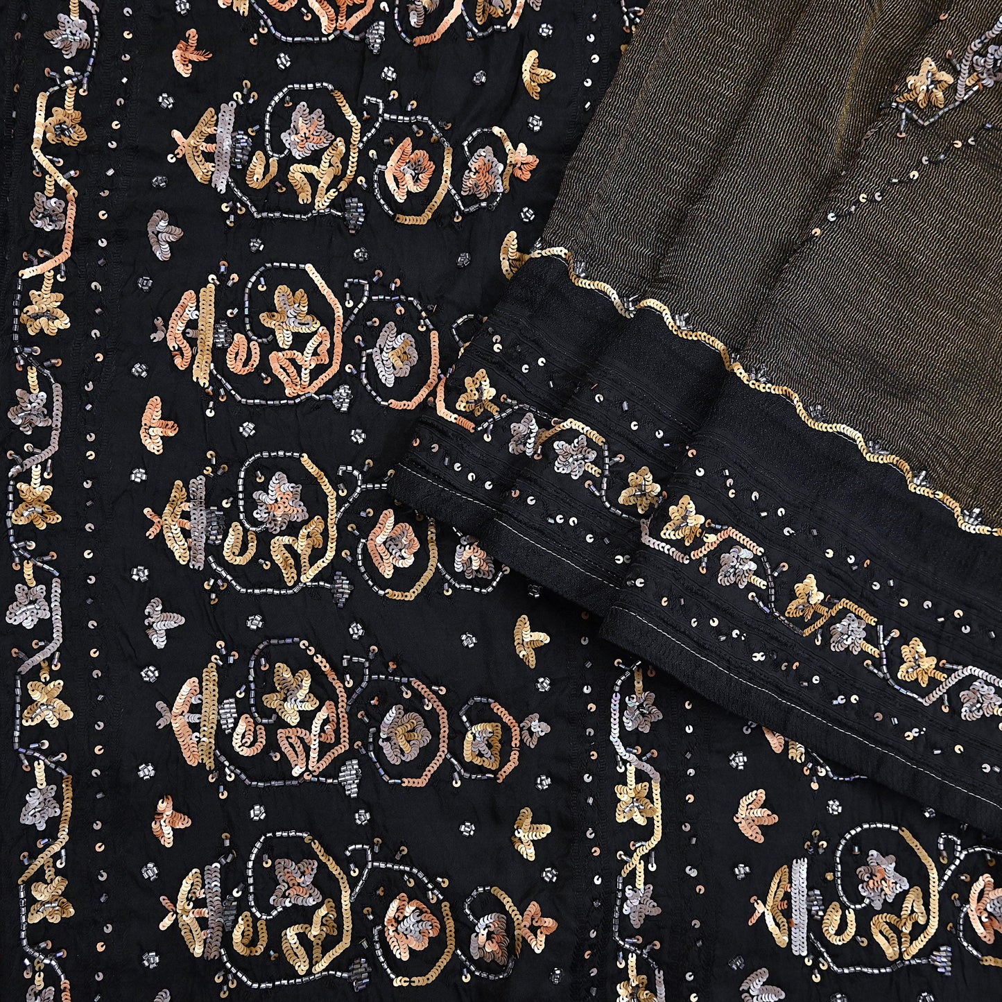Indian Vintage Heavy Sarees Black Pure Silk Hand Embroidered Sari Fabric 5Yd Sewing Ethnic Sequins, Glass Beaded Wedding sarees