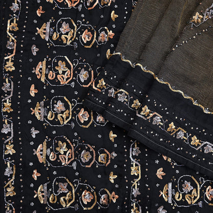 Indian Vintage Heavy Sarees Black Pure Silk Hand Embroidered Sari Fabric 5Yd Sewing Ethnic Sequins, Glass Beaded Wedding sarees